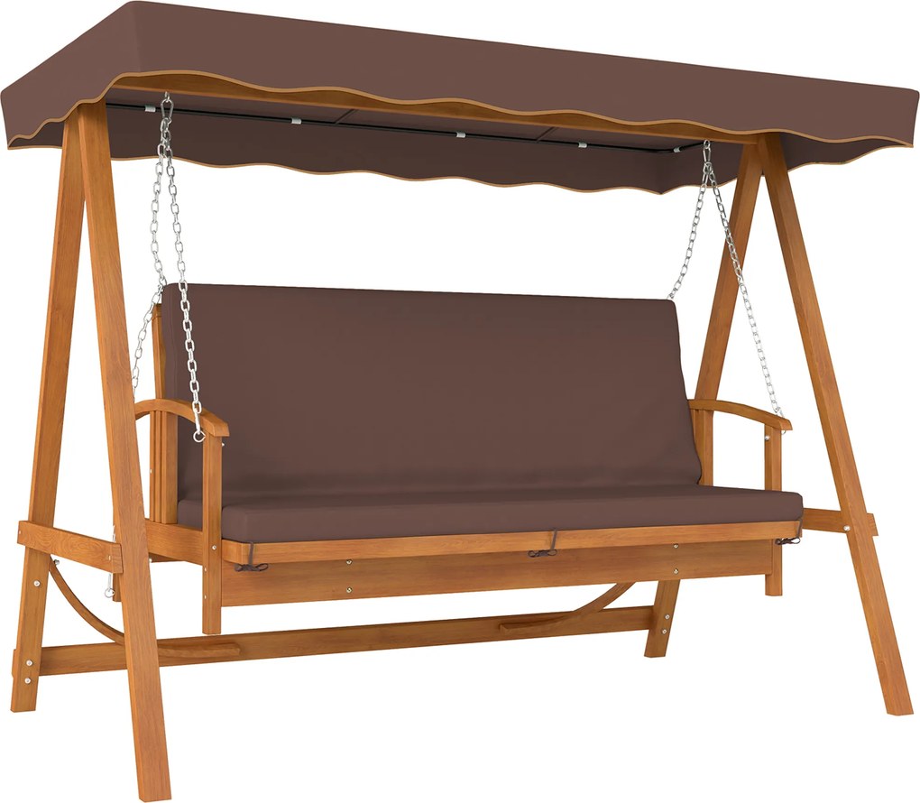 Outsunny Balansoar Hollywood cu copertină, balansoar de grădină din lemn masiv, bancă-leagăn cu funcție de șezlong, pentru 3 persoane, Maro | Aosom Romania