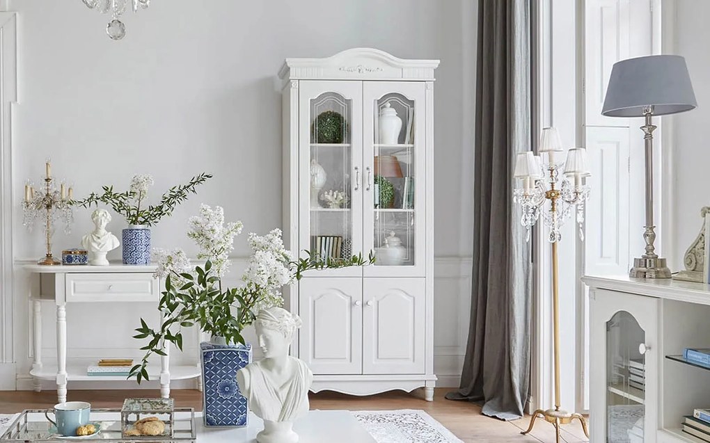 Bibliotecă lemn masiv alb 2 Uși Elizabeth, 98 × 43 × 223 cm