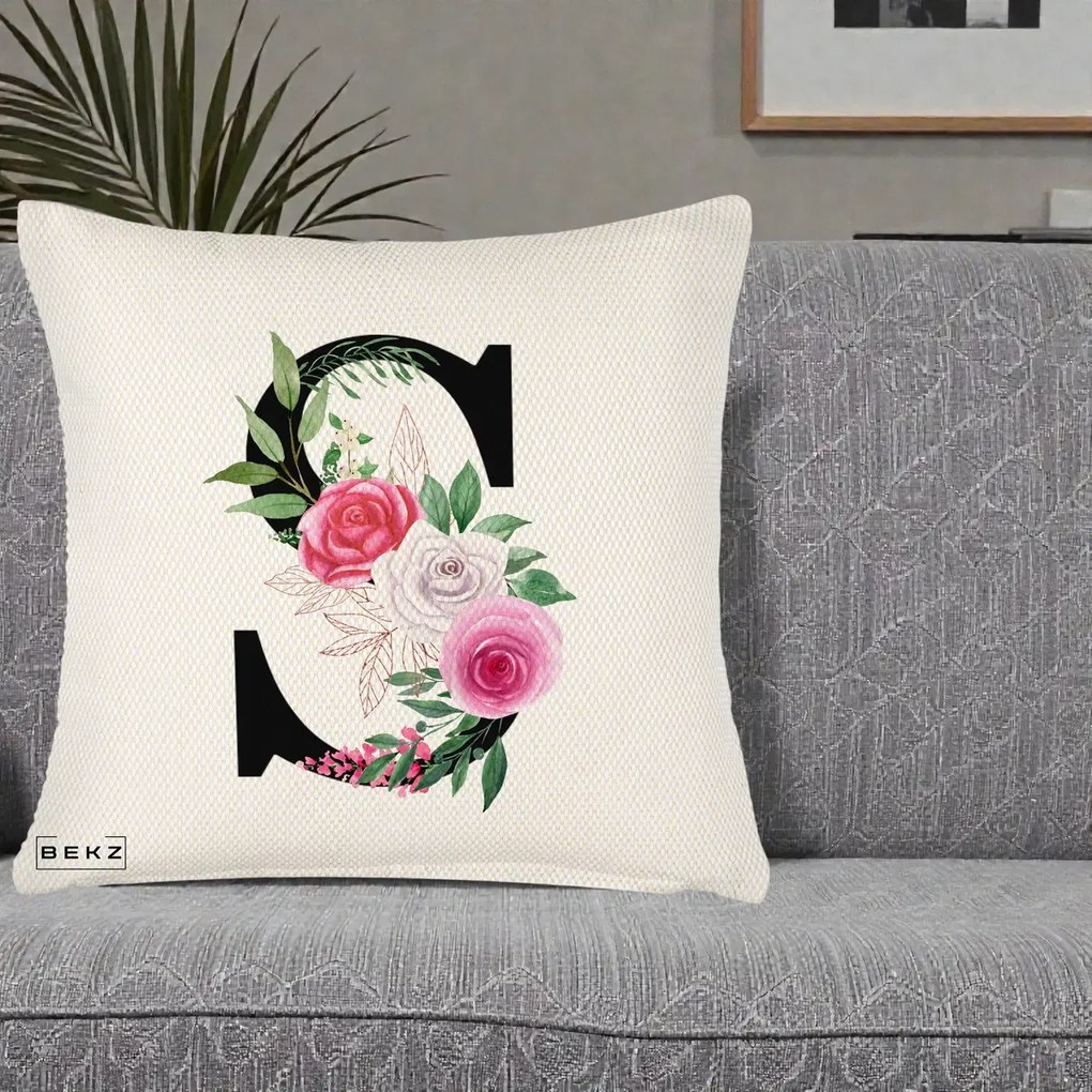 Cadou Personalizat - Perna Personalizata Monograma Florala Litera S, 40x40 cm, Crem Reliefat, Husa Detasabila, Perna Inclusa, BEKZ®