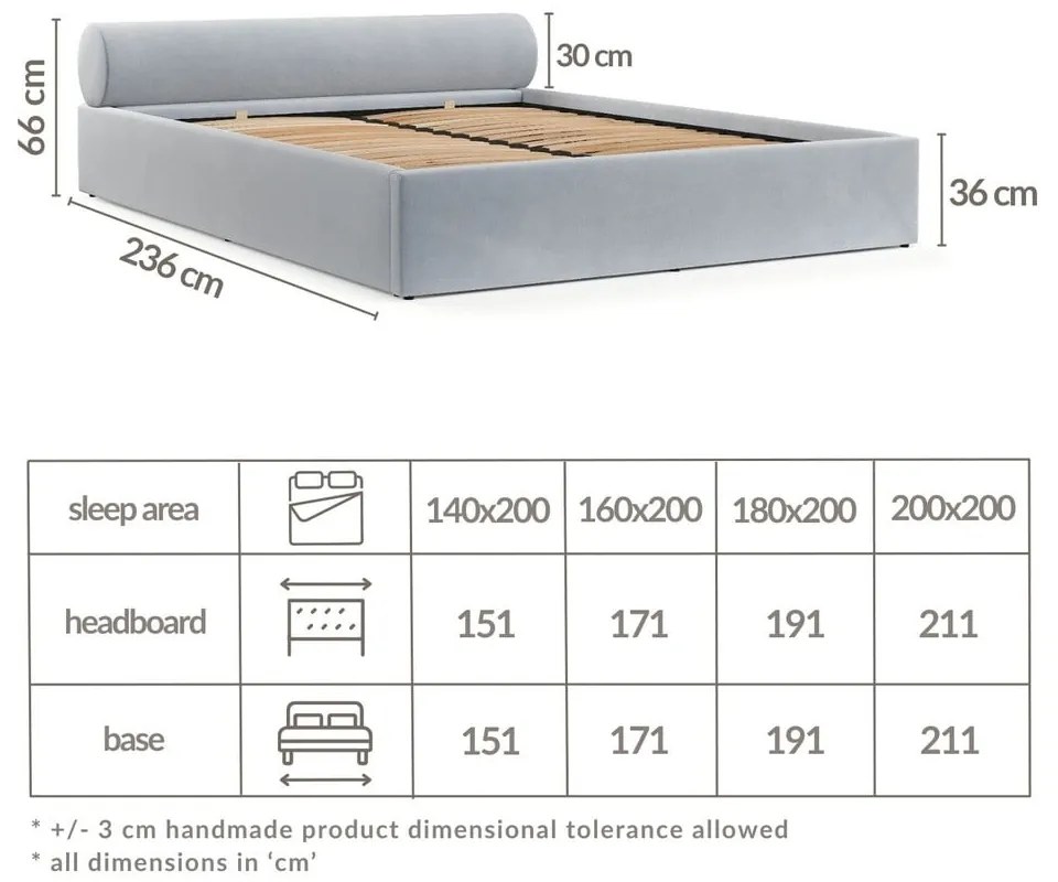 Pat matrimonial gri deschis tapițat cu spațiu de depozitare cu somieră 140x200 cm Solvo – Maison de Rêve
