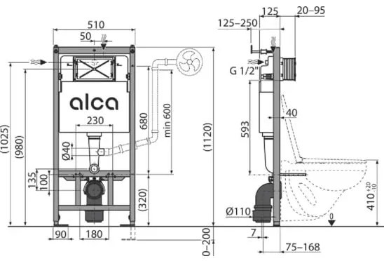 Set vas wc suspendat alb cu functie bideu si baterie crom mat Foglia Oslo, rezervor wc incastrat si clapeta aluminiu mat, Alcadrain