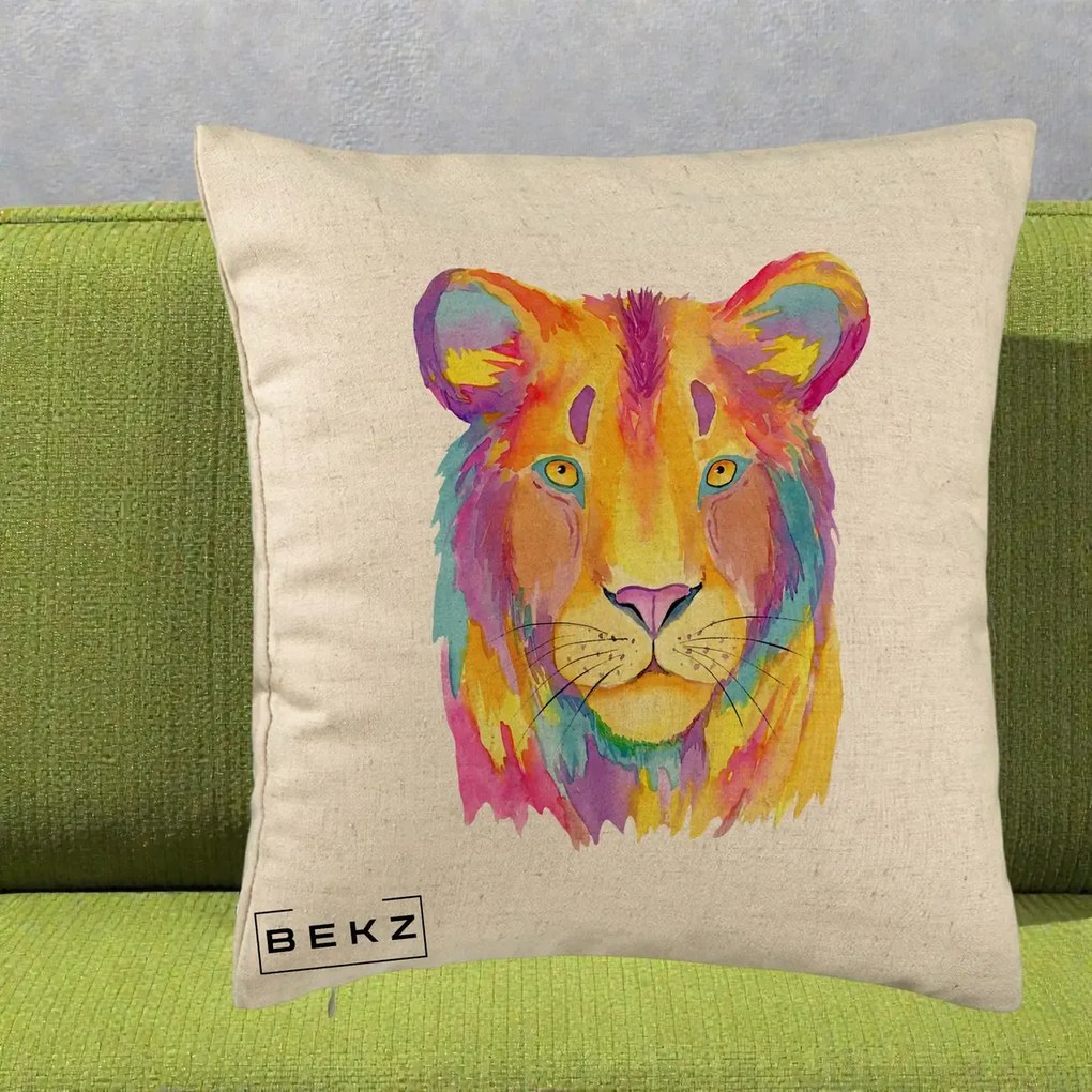 Perna Decorativa Leu Acuarela Curcubeu, 40x40 cm, Bej, Husa Detasabila, Perna Inclusa, BEKZ®