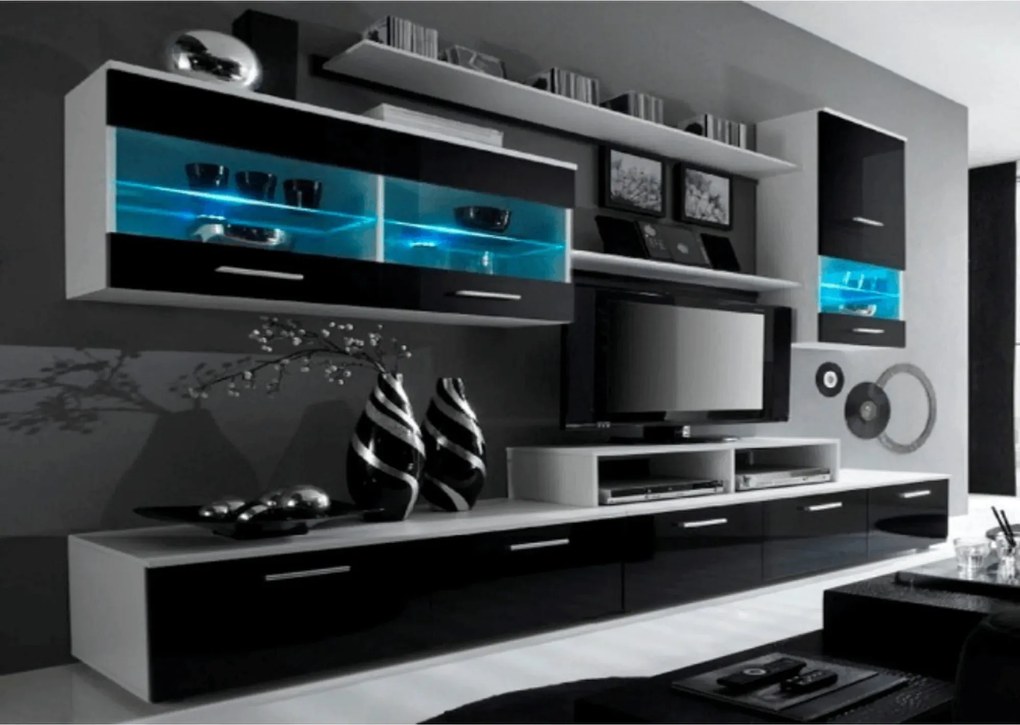 Mobilier living LEO, alb/negru lucios, PAL melaminat/sticla, cu ilumin