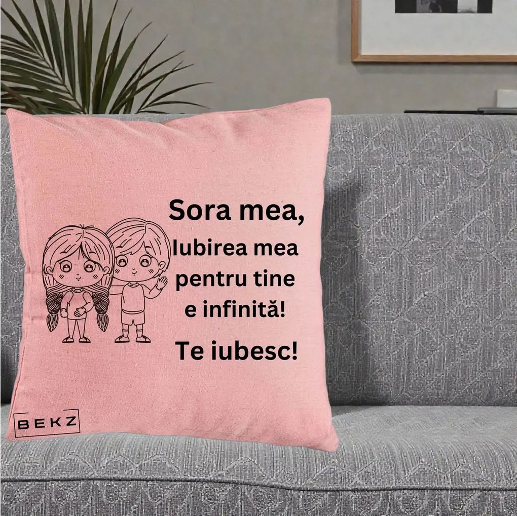Cadou pentru Sora - Perna Personalizata Sora Mea Te Iubesc Copii Anime Line Art, 40x40 cm, Roz, Husa Detasabila, Perna Inclusa, BEKZ®