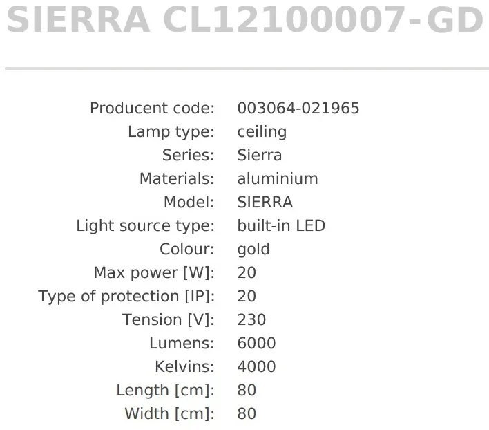 Plafoniera LED moderna SIERRA auriu, 80x80cm