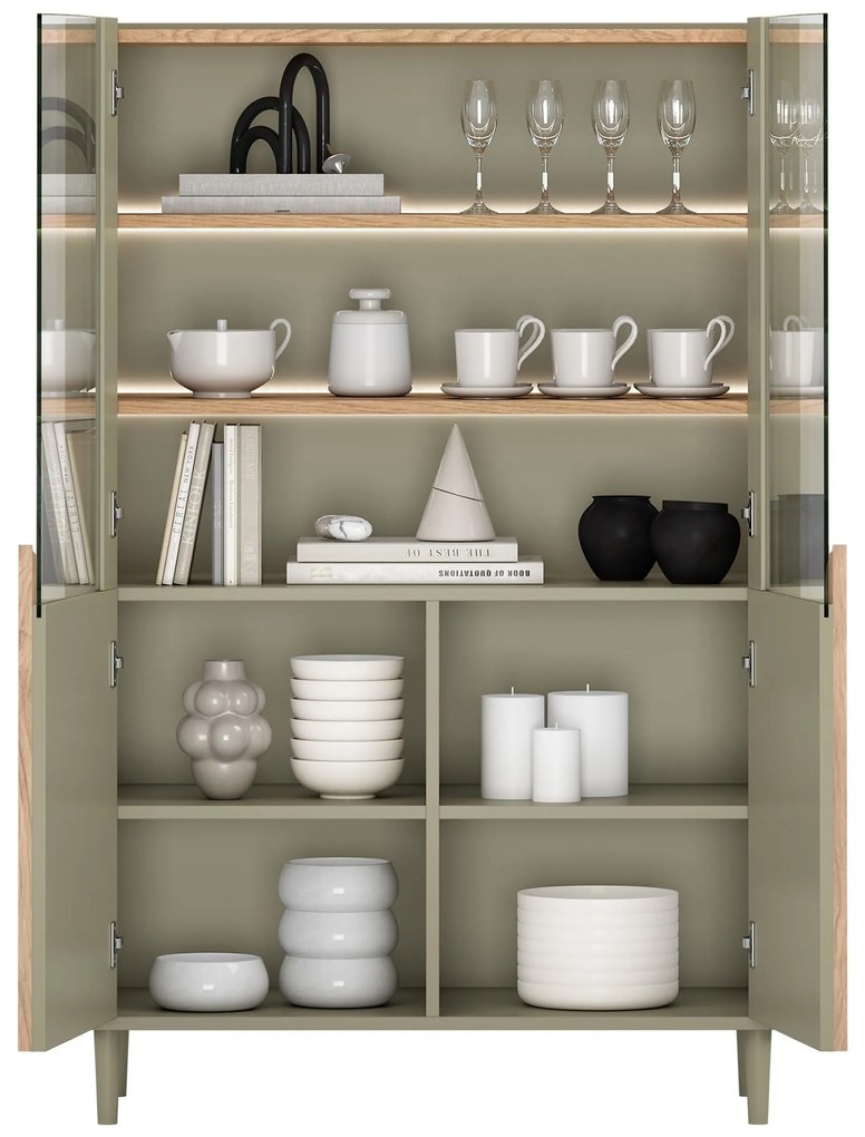 Vitrină Amilio 100 cm pentru living - eucalipt / stejar baltic dune / mânere stejar natural