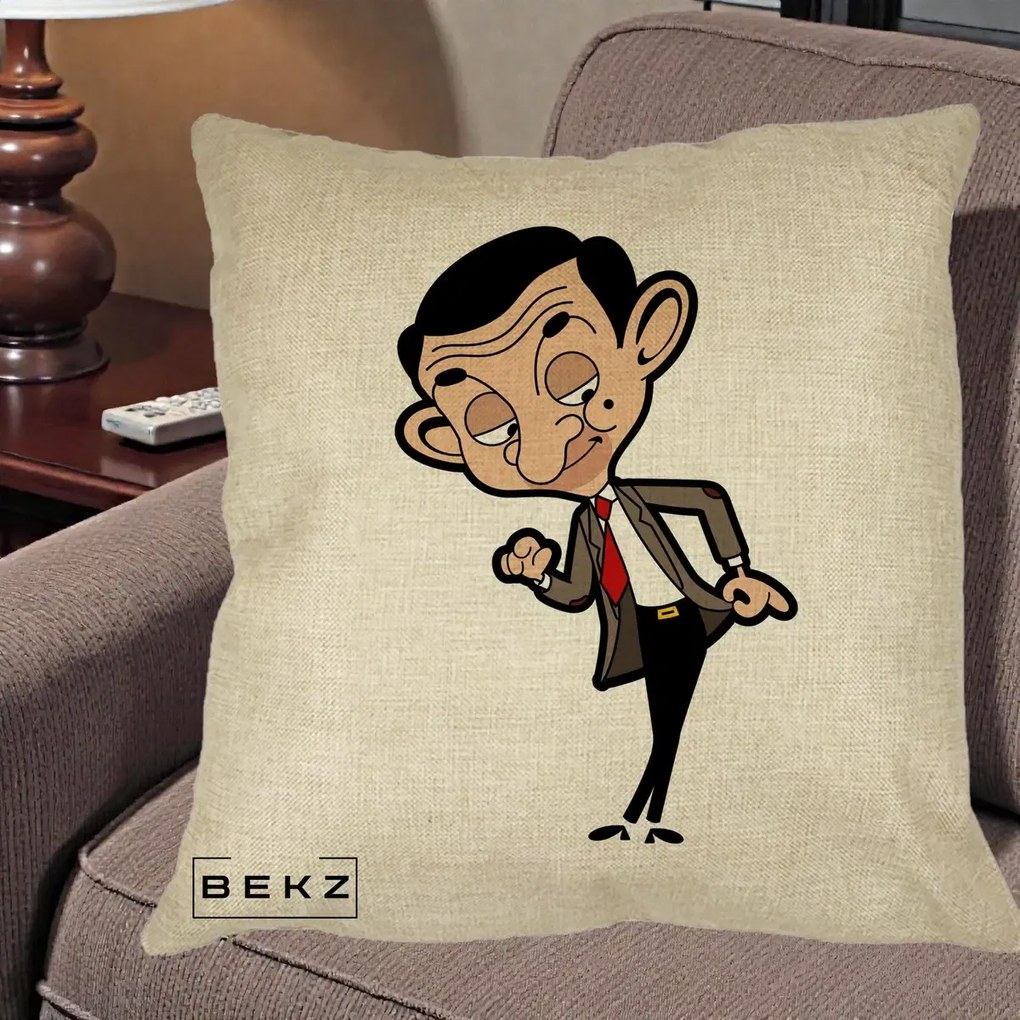 Perna Personalizata Mr. Bean Caricatura, 40x40 cm, Crem, Husa Detasabila, Perna Inclusa, BEKZ®
