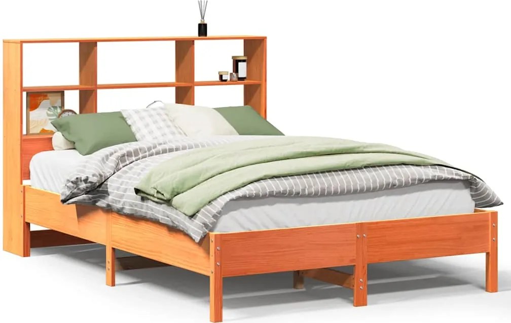 vidaXL Pat cu bibliotecă fără saltea, maro, 120x200 cm, lemn masiv pin