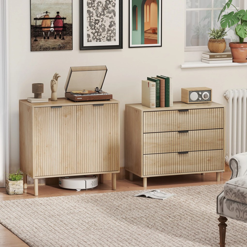 HOMCOM Comodă cu 3 Sertare, Picioare din Lemn Masiv și Design Canelat, 80x40x77,5 cm, Lemn Natural | Aosom Romania