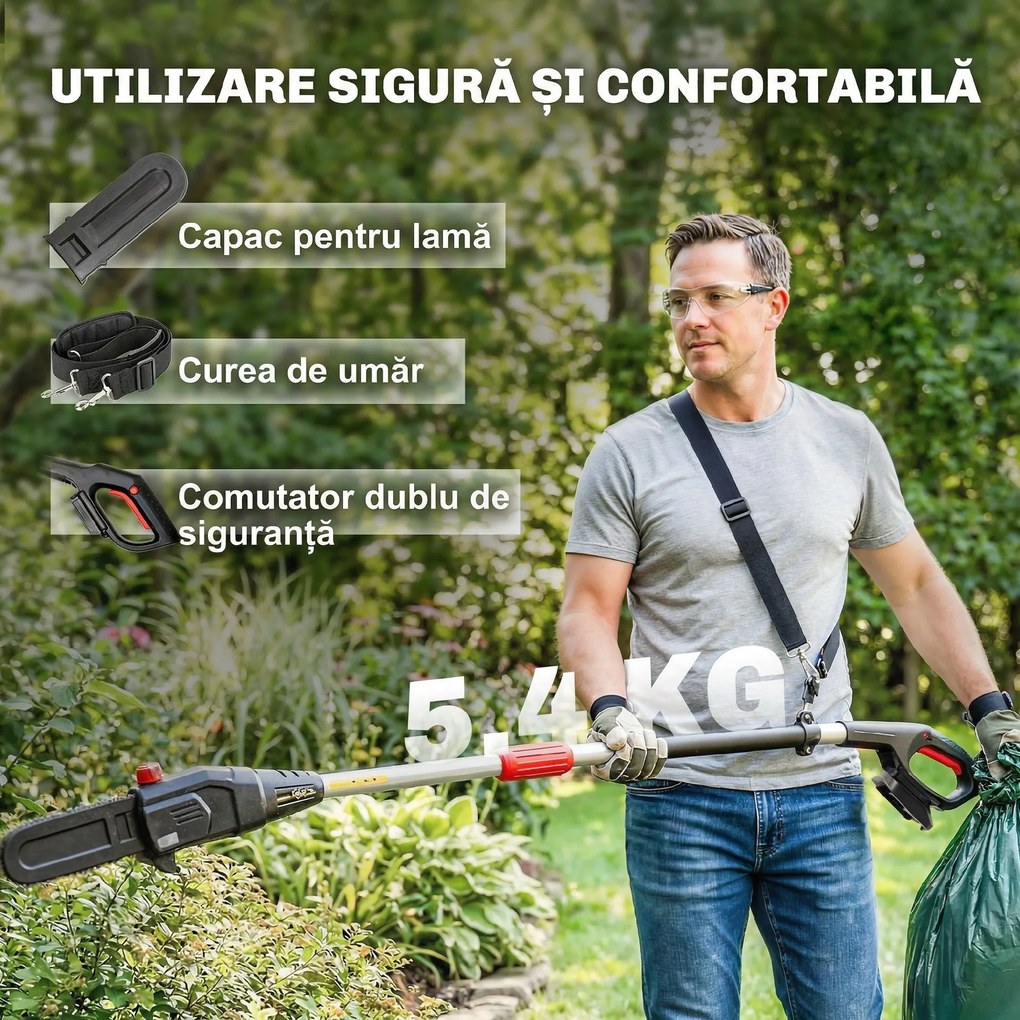 Outsunny Drujbă Telescopică pe Baterie, Drujbă Fără Fir 1,94m/2,56m cu Lubrifiere Automată, Viteză Lanț 6m/s, Pentru Tăierea Arborilor și Crengilor, Fără Baterie | Aosom Romania