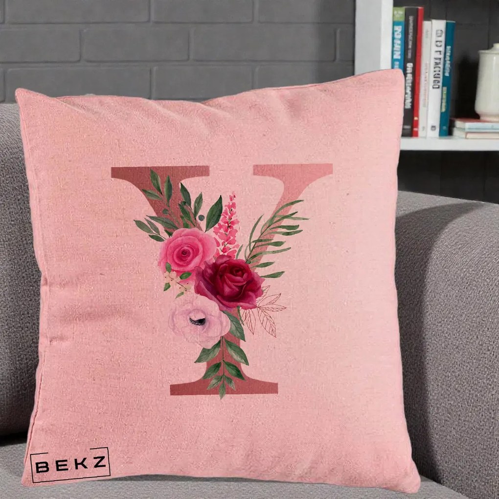Cadou Personalizat - Perna Personalizata Monograma Rose Gold Litera Y, 40x40 cm, Roz, Husa Detasabila, Perna Inclusa, BEKZ®
