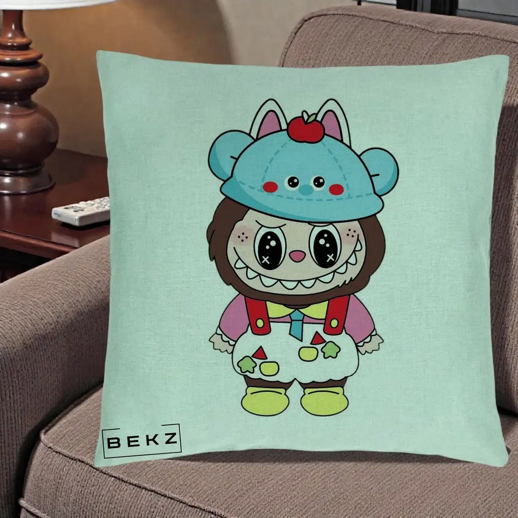 Perna Personalizata Labubu x Urs Albastru Colorat, 40x40 cm, Verde Menta, Husa Detasabila, Perna Inclusa, BEKZ®