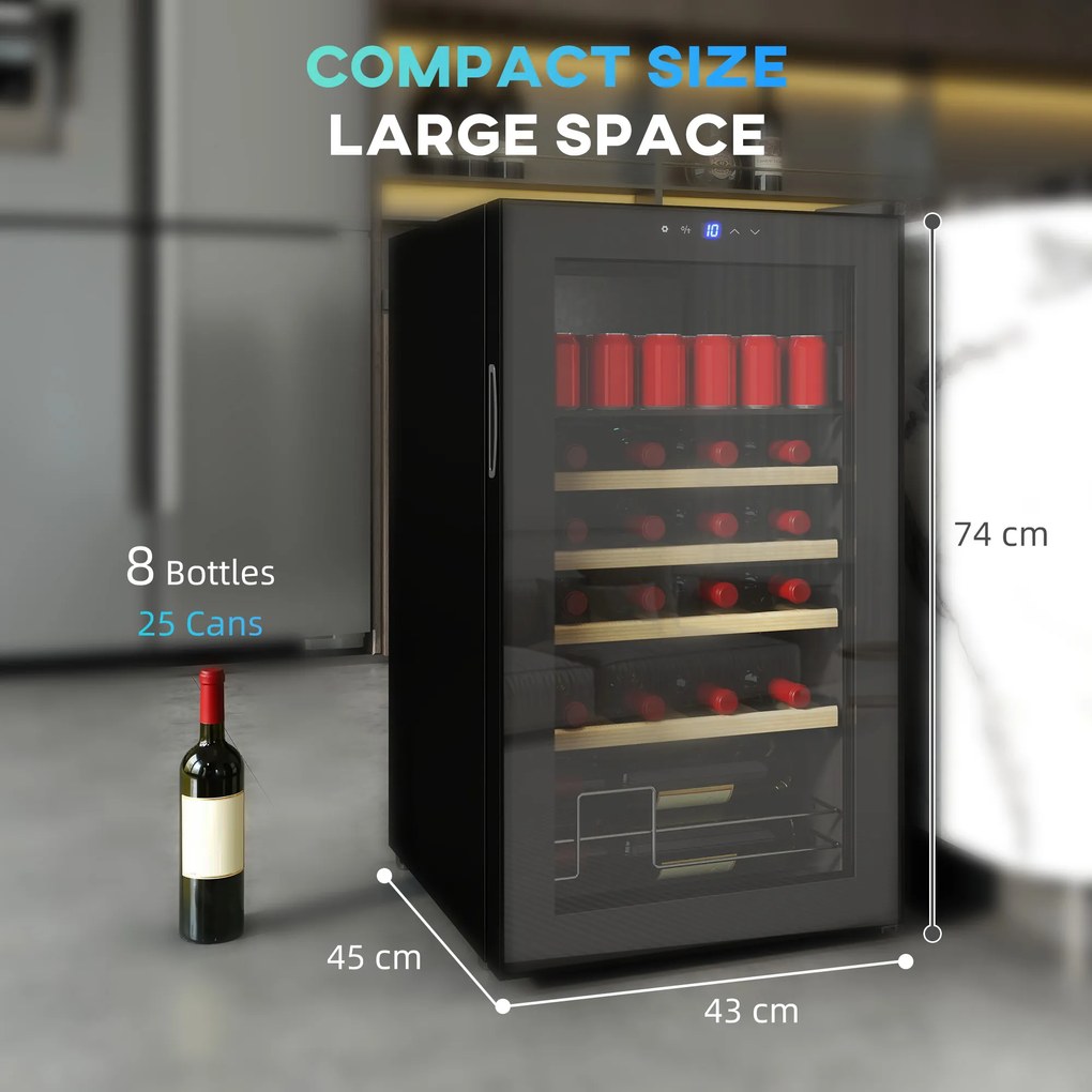 HOMCOM Vitrină Frigorifică pentru Vinuri de 63L cu Rafturi Reglabile pentru 16 Sticle și 25 Doze, Vitrină pentru Vinuri din Oțel, Lemn și Sticlă Temperată, 43x45x74 cm, Negru | Aosom Romania