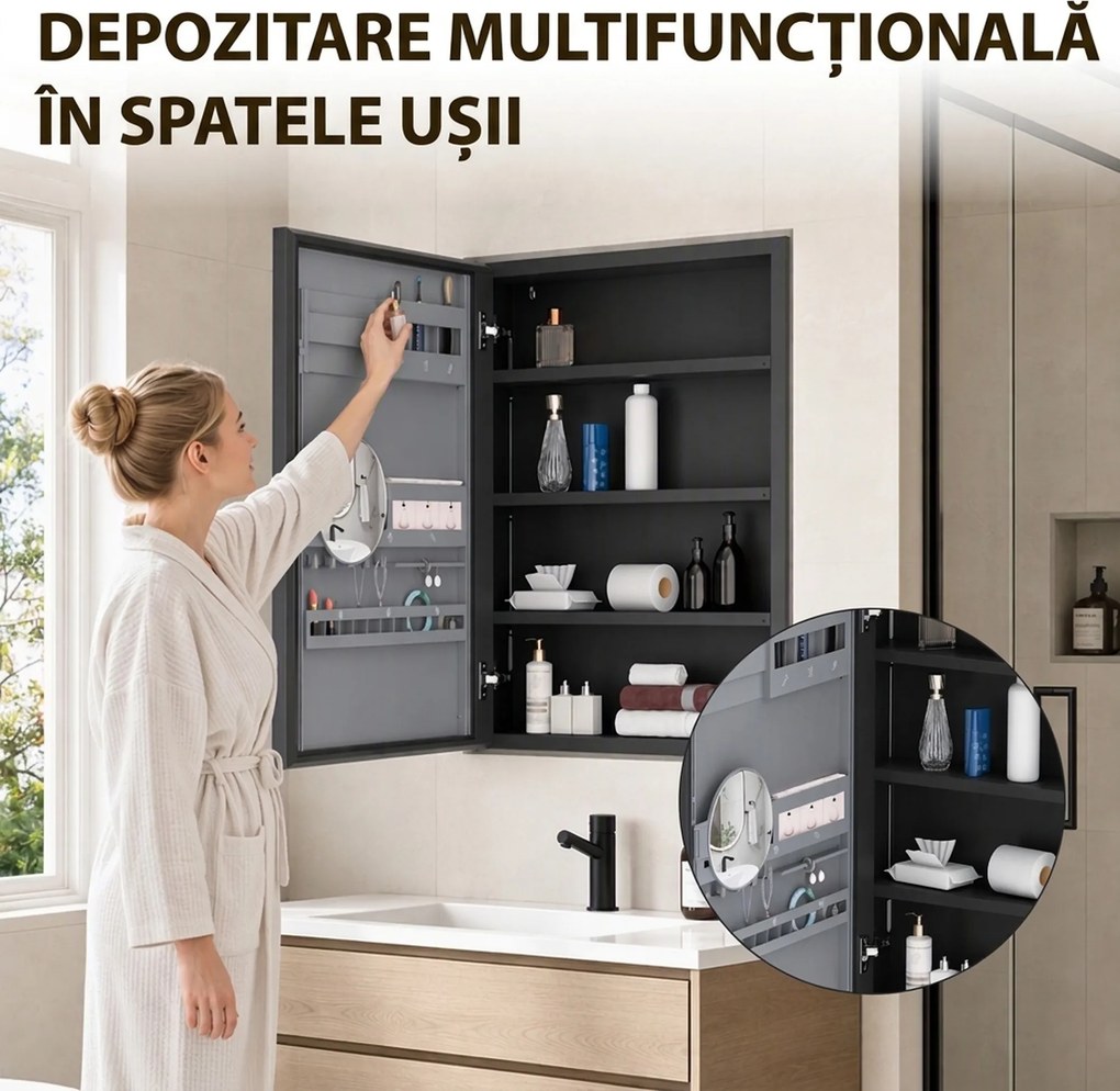 HOMCOM Dulap de baie cu oglindă, raft reglabil, panou multifuncțional, negru | Aosom Romania