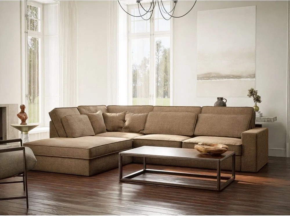 Colțar maro deschis cu tapițerie din chenille (cu colț pe partea stângă/în formă de ”L”) Kirou – Maison de Rêve