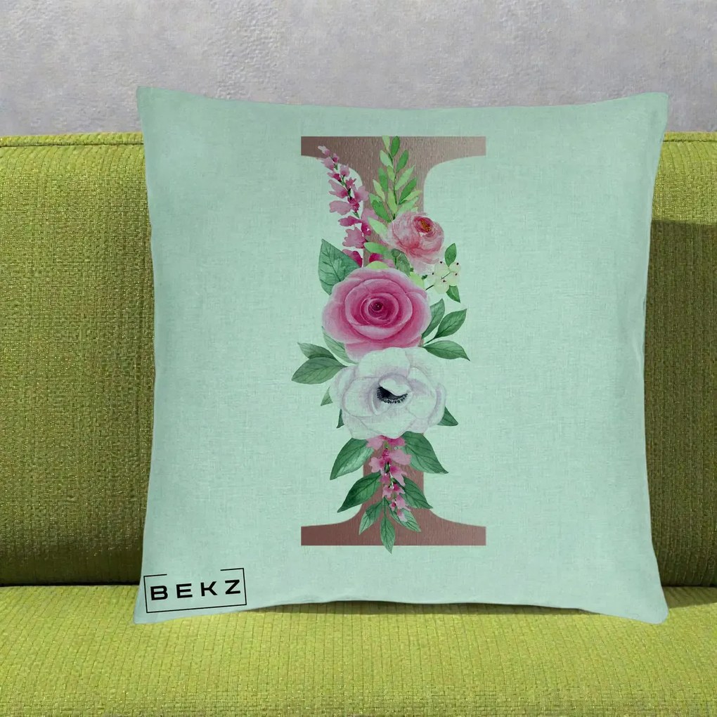 Cadou Personalizat - Perna Personalizata Monograma Rose Gold Litera I, 40x40 cm, Verde Menta, Husa Detasabila, Perna Inclusa, BEKZ®