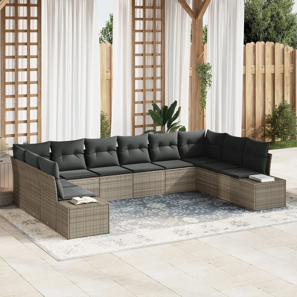 vidaXL Set de sofa de grădină cu 10 piese și perne, gri poliratan