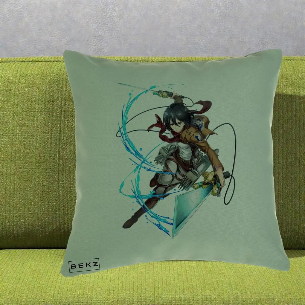 Perna Personalizata Attack on Titan Mikasa Ackerman Lupta, 40x40 cm, Verde, Husa Detasabila, Perna Inclusa, BEKZ®