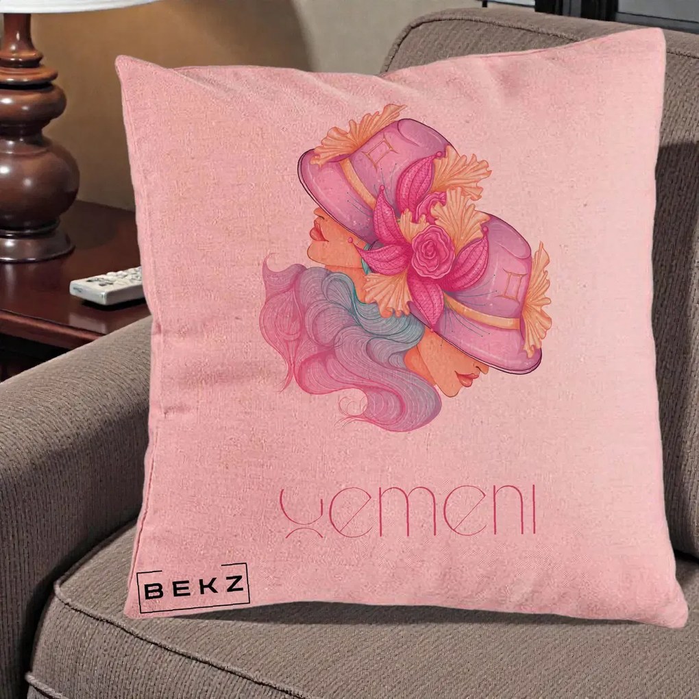 Perna Personalizata Zodie Gemeni, 40x40 cm, Roz, Husa Detasabila, Perna Inclusa, BEKZ®