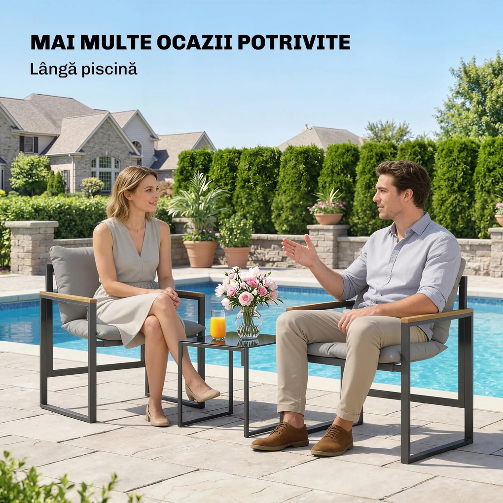 Outsunny Set Bistro pentru 2 Persoane, Set din 3 Piese pentru Grădină cu Cadrul din Metal și Perne Groase | Aosom Romania