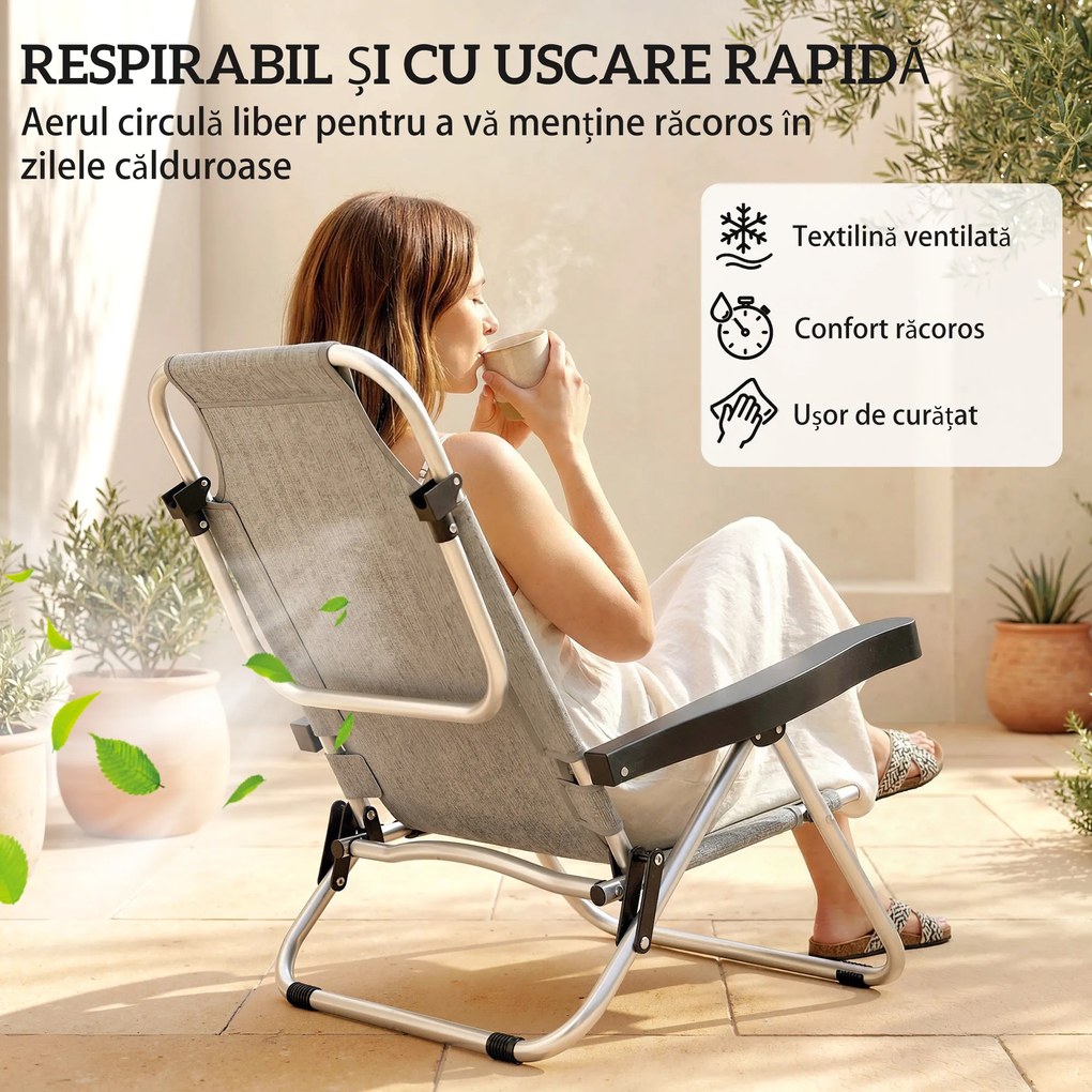 Set Outsunny 2 Șezlonguri Pliabile și Reclinabile pe 4 Poziții cu Suport pentru Cap, din Aluminiu, 62x61x80 cm, Gri | Aosom Romania
