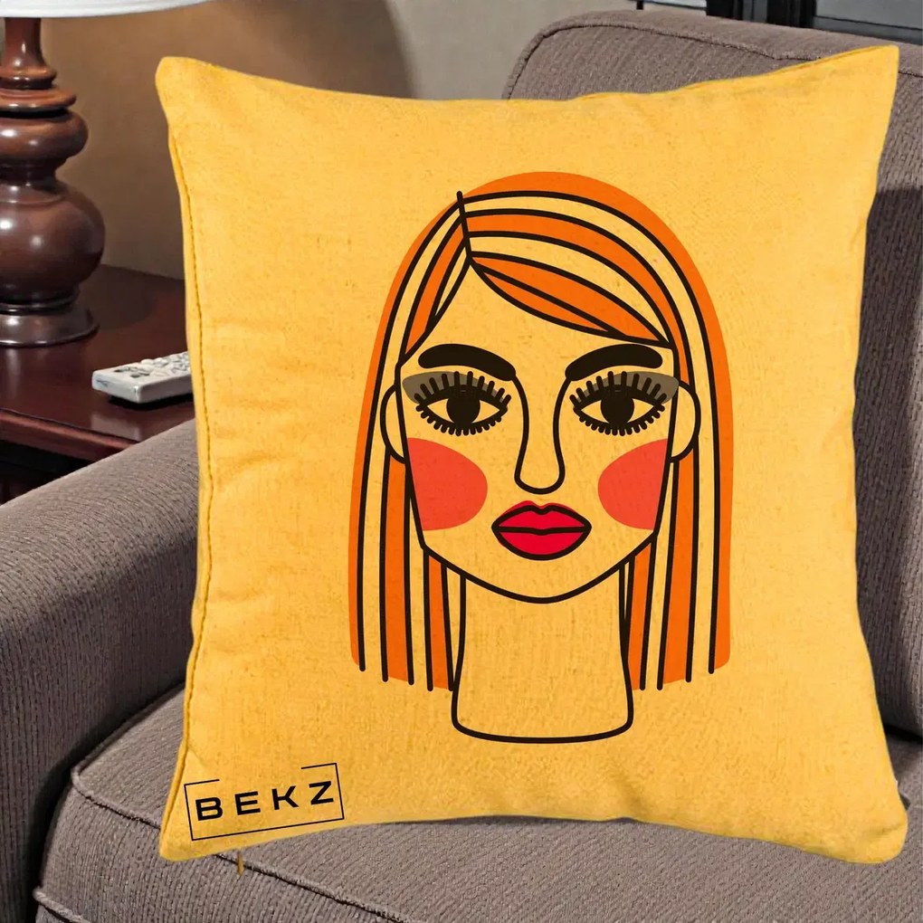 Perna Decorativa Portret Pop Art Fata, 40x40 cm, Galben, Husa Detasabila, Perna Inclusa, BEKZ®