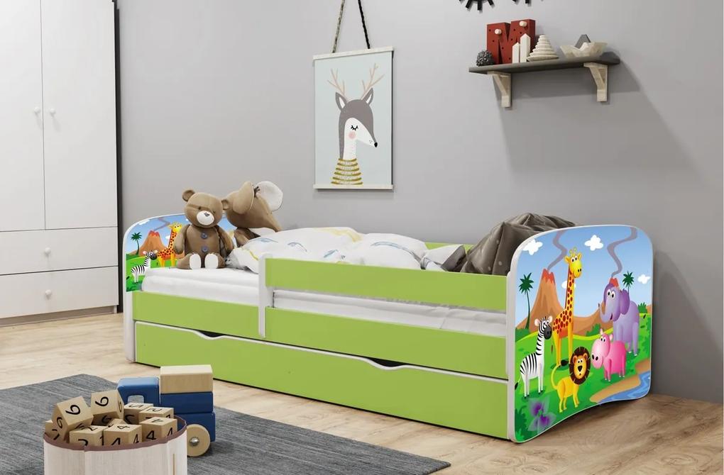 Pat pentru copii Ourbaby cu sina de siguranta-safari 140x70 cm pat fără spațiu de depozitare