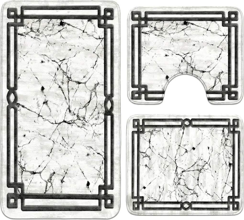 Set covoare baie antiderapante, 3 piese, design marmura cu rama decorativa