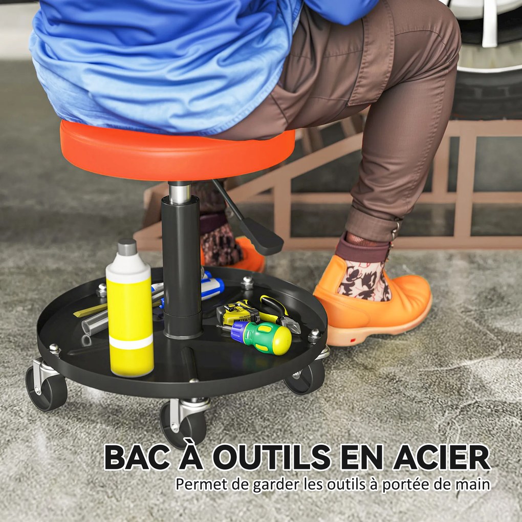 HOMCOM Taburet de atelier cu 5 roți pivotante 360°, înălțime reglabilă 38-50 cm, cu tavă, 38 x 38 x 38-50 cm, portocaliu | Aosom Romania