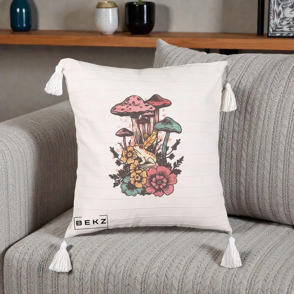 Perna Decorativa Ciuperci si Broaste Boho, 40x40 cm, Bej cu Franjuri, Husa Detasabila, Perna Inclusa, BEKZ®