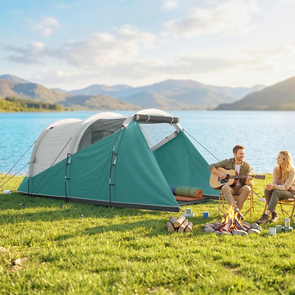 Outsunny Cort de Camping Impermeabil pentru 2-4 Persoane cu Cameră Separată, Cort Tunel cu Geantă de Transport, 460x260x190 cm, Verde | Aosom Romania