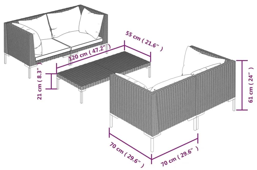 Set mobilier de gradina cu perne, 5 piese, gri inchis poliratan 4x colt + masa, 1