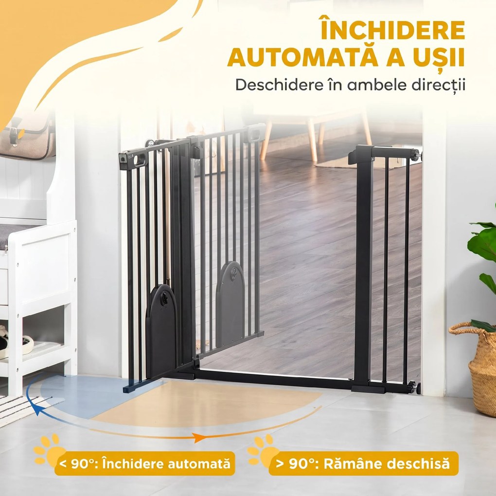 PawHut Barieră Reglabilă pentru Câini cu Ușă Mică, Montare prin Presiune și Închidere Automată, 75-103x76 cm, Negru | Aosom Romania