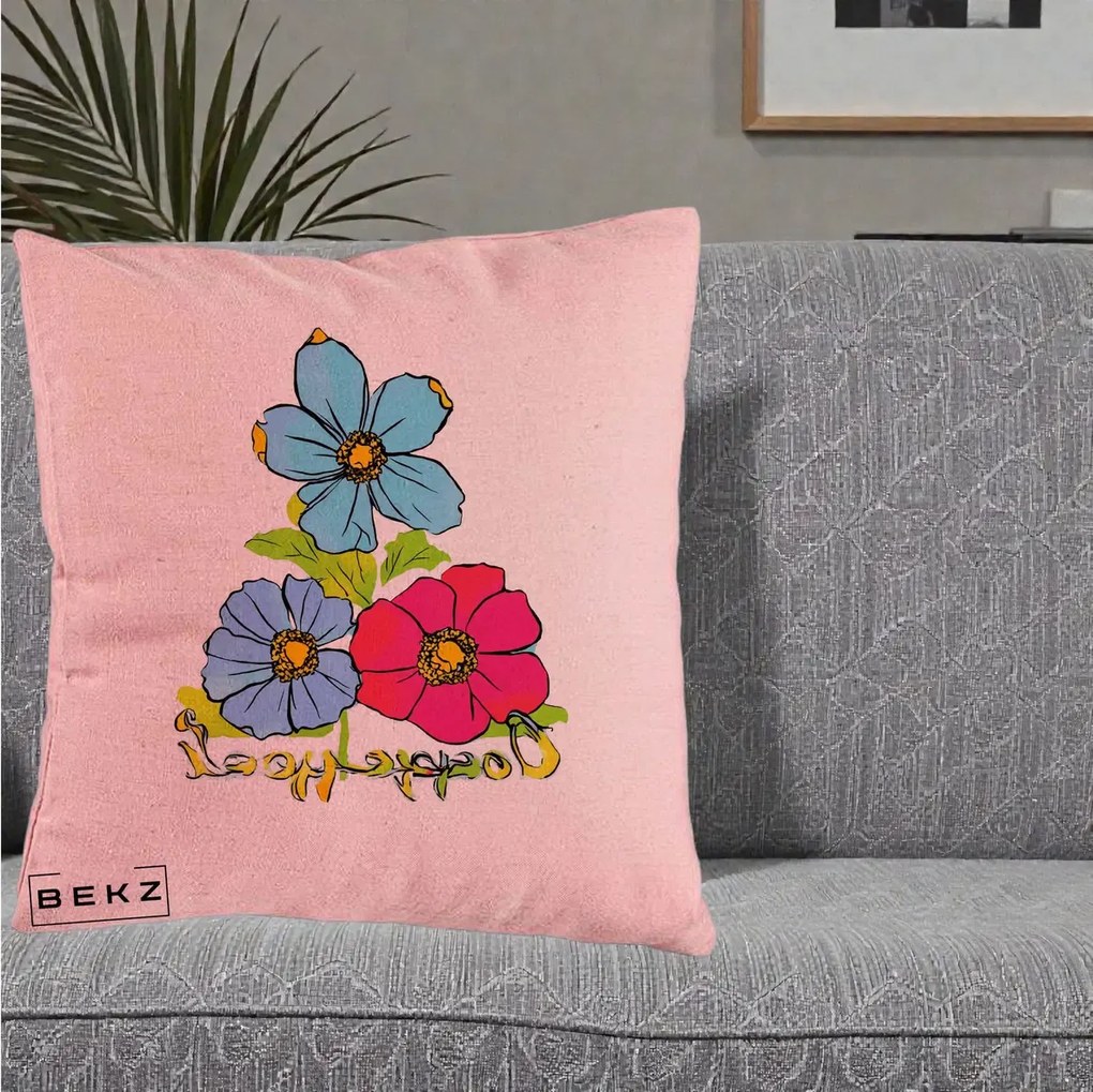 Perna Decorativa Trei Flori Grafice Pop Art, 40x40 cm, Roz, Husa Detasabila, Perna Inclusa, BEKZ®