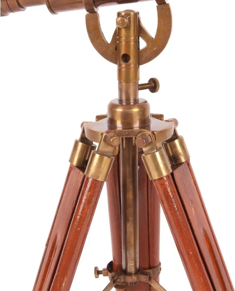 Telescop decorativ din alamă și aluminiu, maro, aspect vintage, cu trepied reglabil din lemn, finisaj antichizat, 47 x 24 x 18 cm, „Astrolabe”