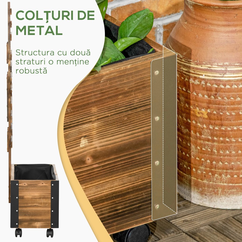 Outsunny Jardiniera cu Spalier pentru Plante Agatatoare si Roti, Jardiniera din Lemn de Brad cu Design Autodrenant, 65x31x147 cm, Maro Carbonizat
