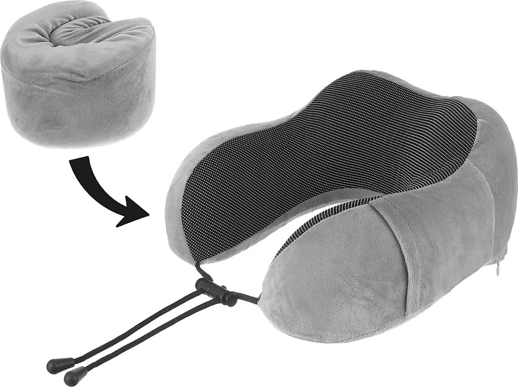Set perna de calatorie cervicala 3D memory foam, masca de somn si dopuri antizgomot, Gri/Negru