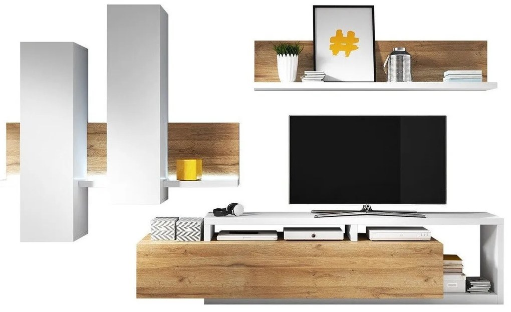 Mobilă pentru sufragerie Austin G100Grandson stejar, Alb, Părți separate, Cu comodă tv, Cu componente suplimentare, PAL laminat, 219x45cm