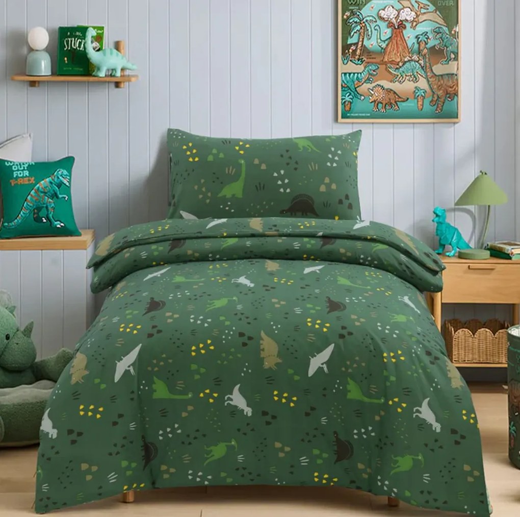 Lenjerie de pat din bumbac pentru patut DINO STEPS verde inchis Dimensiune lenjerie de pat: 45 x 65 cm | 90 x 135 cm