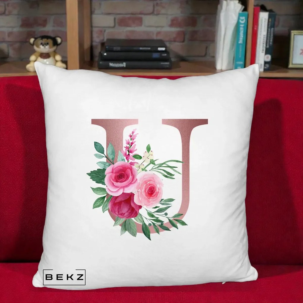 Cadou Personalizat - Perna Personalizata Monograma Rose Gold Litera U, 40x40 cm, Alb Pufos, Husa Detasabila, Perna Inclusa, BEKZ®