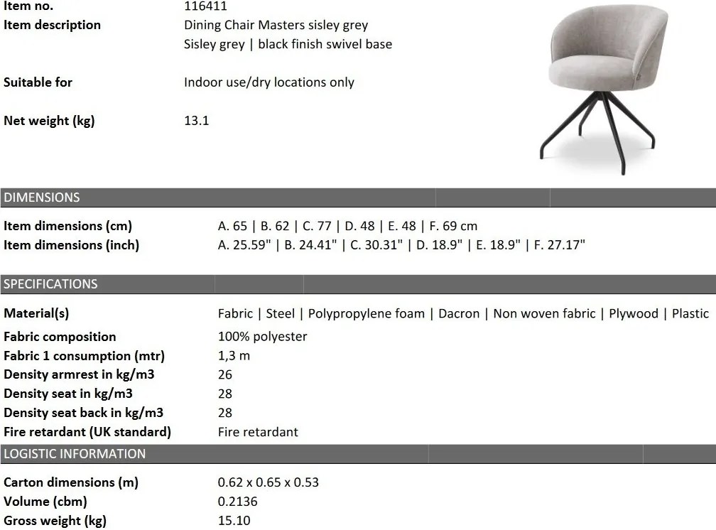 Scaun pivotant design elegant LUX Masters, Sisley grey