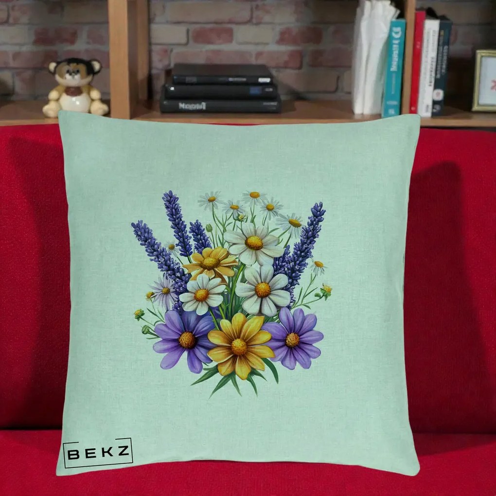 Perna Decorativa Lavanda Musetel si Flori Mov, 40x40 cm, Verde Menta, Husa Detasabila, Perna Inclusa, BEKZ®