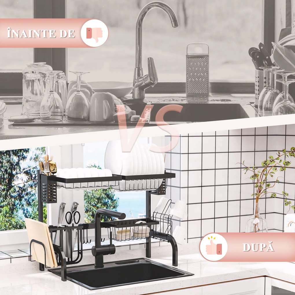 HOMCOM Uscător de Vase de Tip Stand Modular cu 2 Nivele 65x31.5x52.5 cm Negru | Aosom Romania