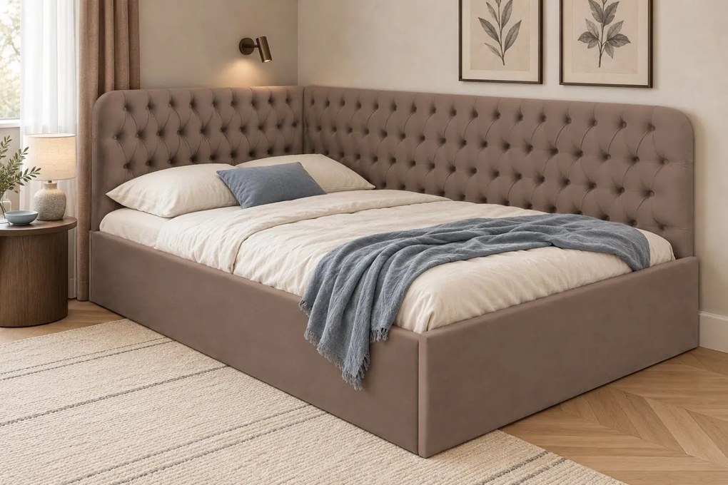 Pat tapițat pentru copii din catifea Elyra 140×200 cm, cappuccino, colț dreapta, cu ladă de depozitare