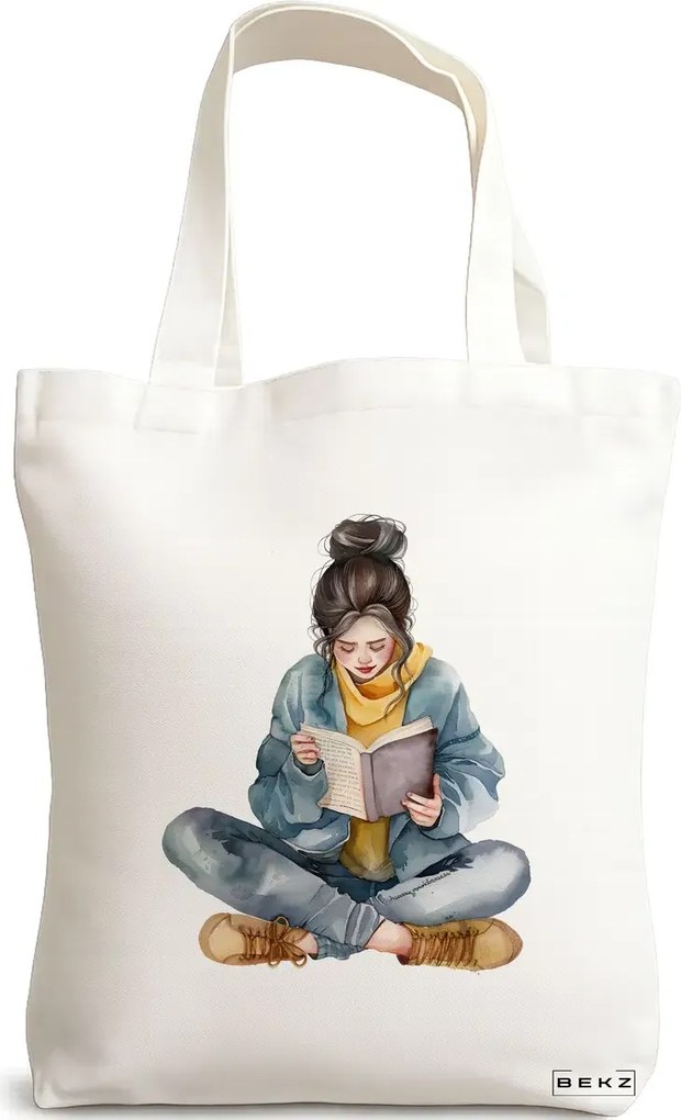 Sacosa de Panza pentru Cumparaturi, Geanta Tote, model The bookie girl 34 38 x 34.5 cm, Alba, BEKZ®
