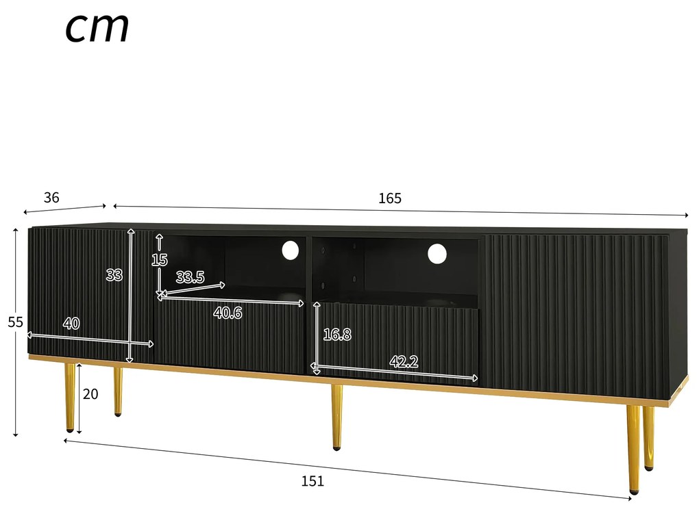 Mobilier TV Modern Modern cu Detalii Aurii, Două Rafturi și Două Sertare, din Lemn de Înaltă Calitate, 165x36x55 cm, Negru