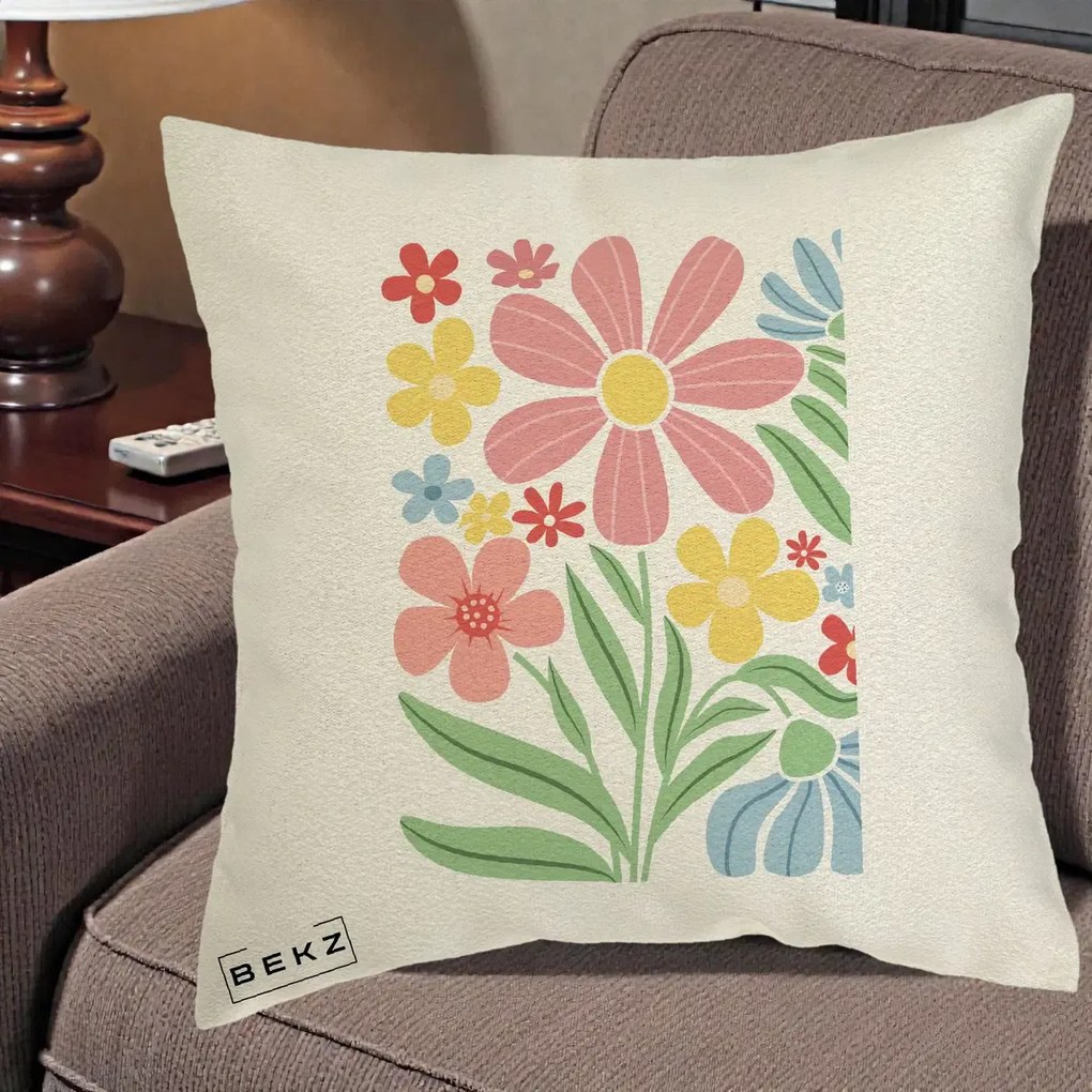 Perna Decorativa Flori Grafice Roz Pastel, 40x40 cm, Ecru, Husa Detasabila, Perna Inclusa, BEKZ®