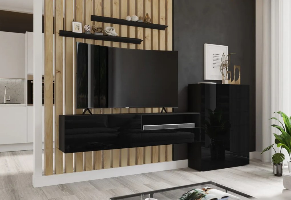 Expedo Set mobilier ELPASO 54 + LED iluminat, negru/negru luciu