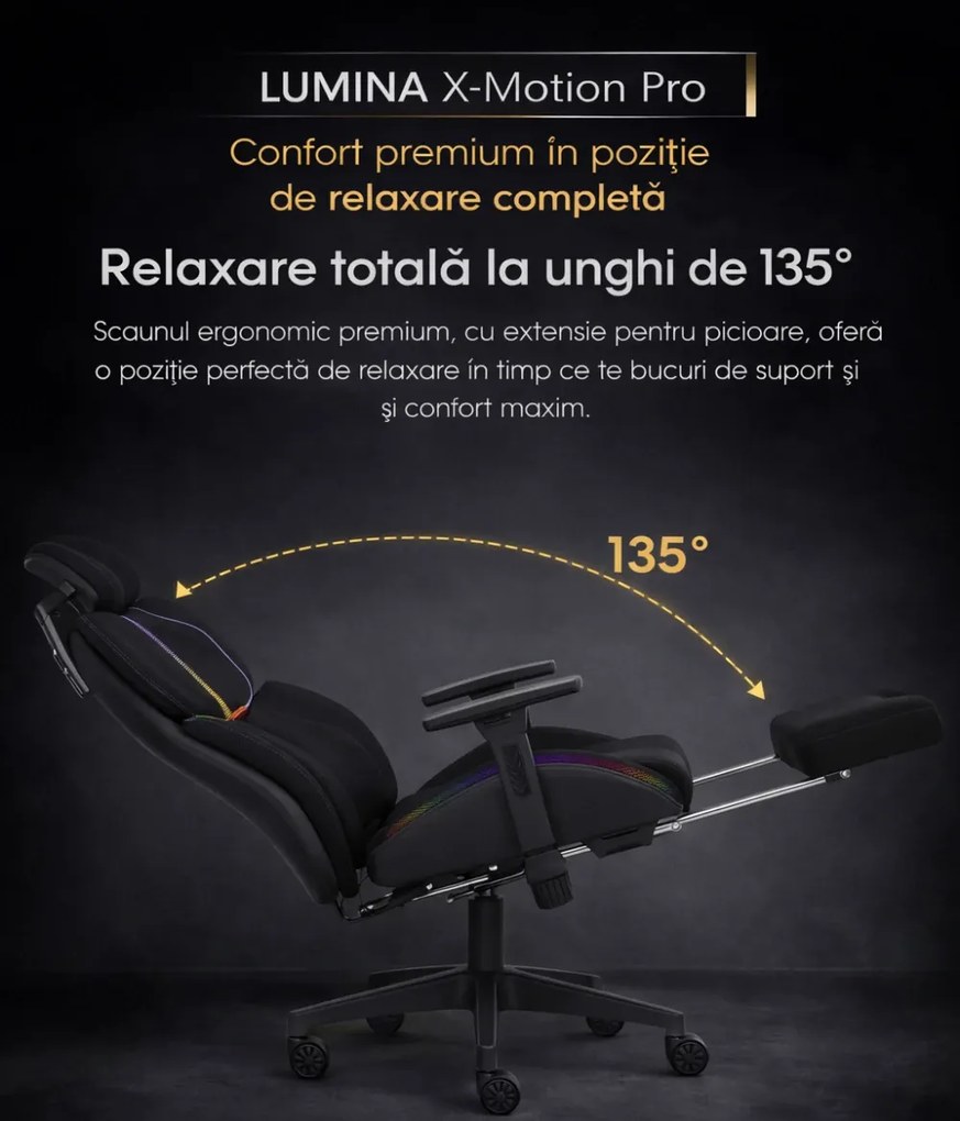 LUMINA X-Motion Pro –Scaun Gaming & Office Premium cu LED RGB, Masaj Lombar, Translatie Sezut și Suport pentru Picioare – Confort Inteligent și Design Spectaculos, Textil, Negru/Mov