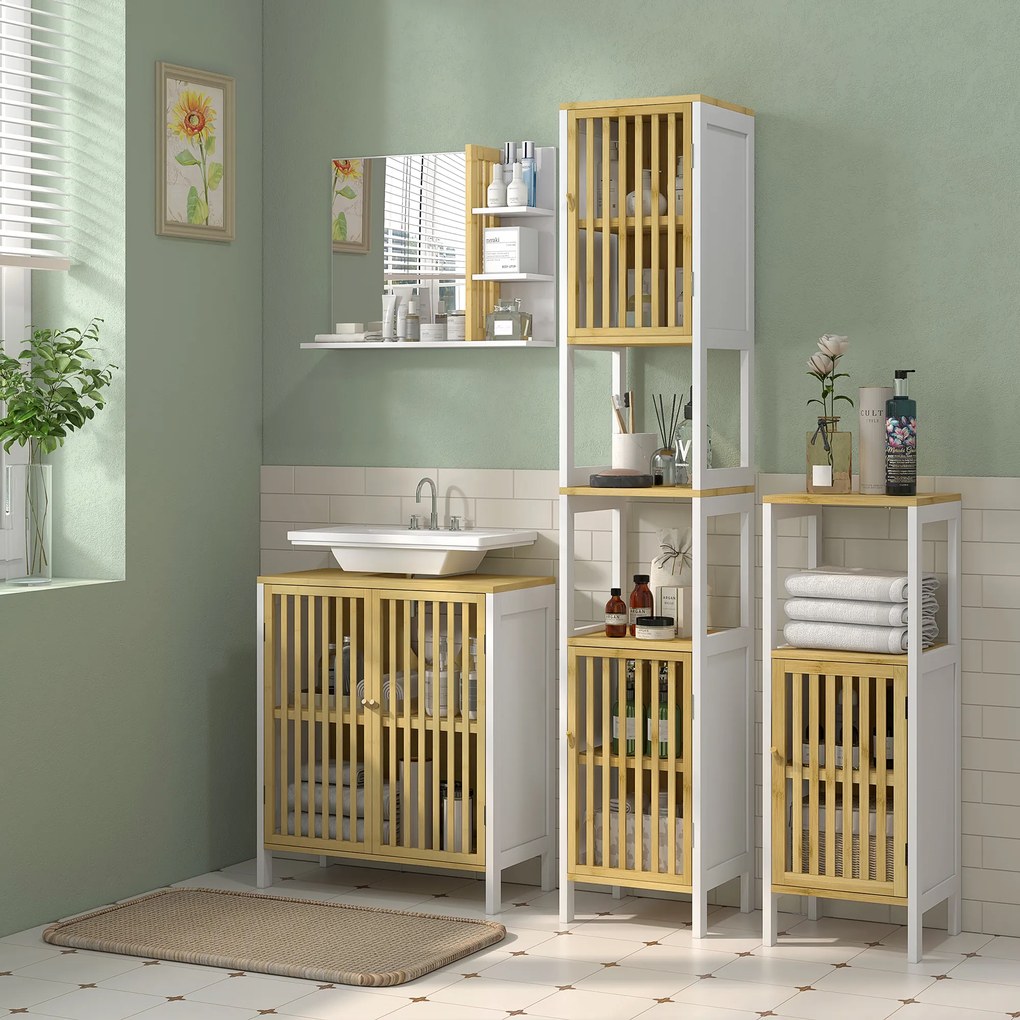 HOMCOM Oglindă Modernă de Baie Suspendată din Lemn cu 4 Rafturi, 45x15x58.5 cm, Alb | Aosom Romania